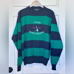 Vintage Nautica Men's Green and Blue Striped Sweater 100% Cotton Size Large